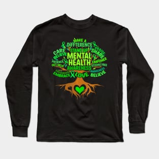 Mental Health Awareness Tree Mens Womens Grreen Ribbon Long Sleeve T-Shirt